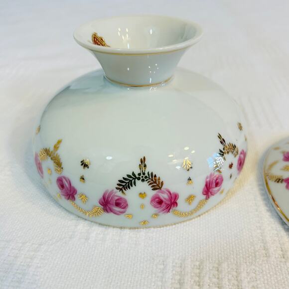 Pocelain Candy Dish Japan Lidded Pink Roses Gold Accents Lipper & Mann 30/12 - Picture 7 of 9
